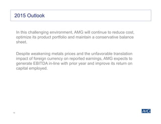18
AMG – A Global Supplier of Critical Materials2015 Outlook
In this challenging environment, AMG will continue to reduce cost,
optimize its product portfolio and maintain a conservative balance
sheet.
Despite weakening metals prices and the unfavorable translation
impact of foreign currency on reported earnings, AMG expects to
generate EBITDA in-line with prior year and improve its return on
capital employed.
 