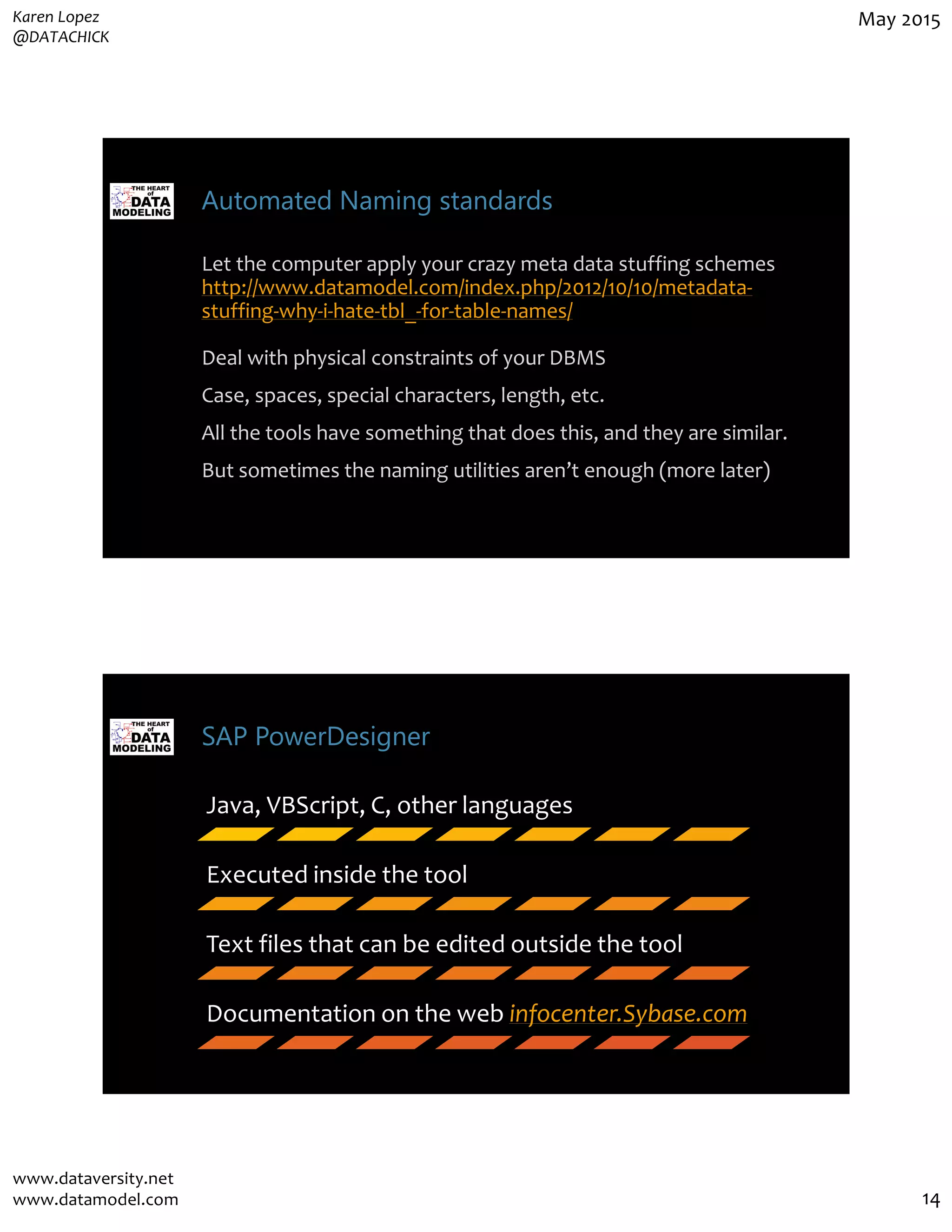 Karen Lopez
@DATACHICK
May 2015
www.dataversity.net
www.datamodel.com 14
Automated Naming standards
Let the computer apply your crazy meta data stuffing schemes
http://www.datamodel.com/index.php/2012/10/10/metadata-
stuffing-why-i-hate-tbl_-for-table-names/
Deal with physical constraints of your DBMS
Case, spaces, special characters, length, etc.
All the tools have something that does this, and they are similar.
But sometimes the naming utilities aren’t enough (more later)
SAP PowerDesigner
Java, VBScript, C, other languages
Executed inside the tool
Text files that can be edited outside the tool
Documentation on the web infocenter.Sybase.com
 