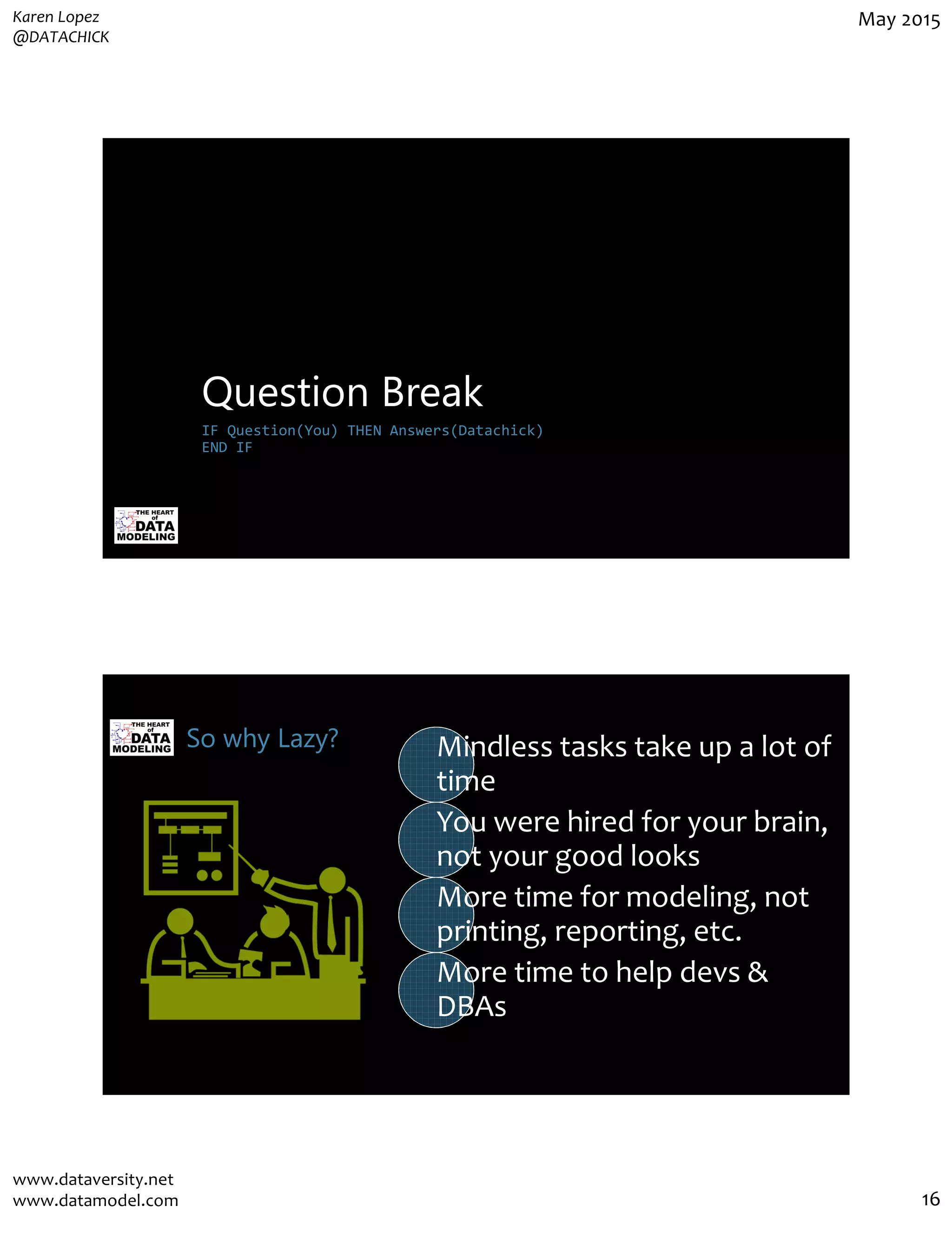 Karen Lopez
@DATACHICK
May 2015
www.dataversity.net
www.datamodel.com 16
Question Break
IF Question(You) THEN Answers(Datachick)
END IF
So why Lazy? Mindless tasks take up a lot of
time
You were hired for your brain,
not your good looks
More time for modeling, not
printing, reporting, etc.
More time to help devs &
DBAs
 