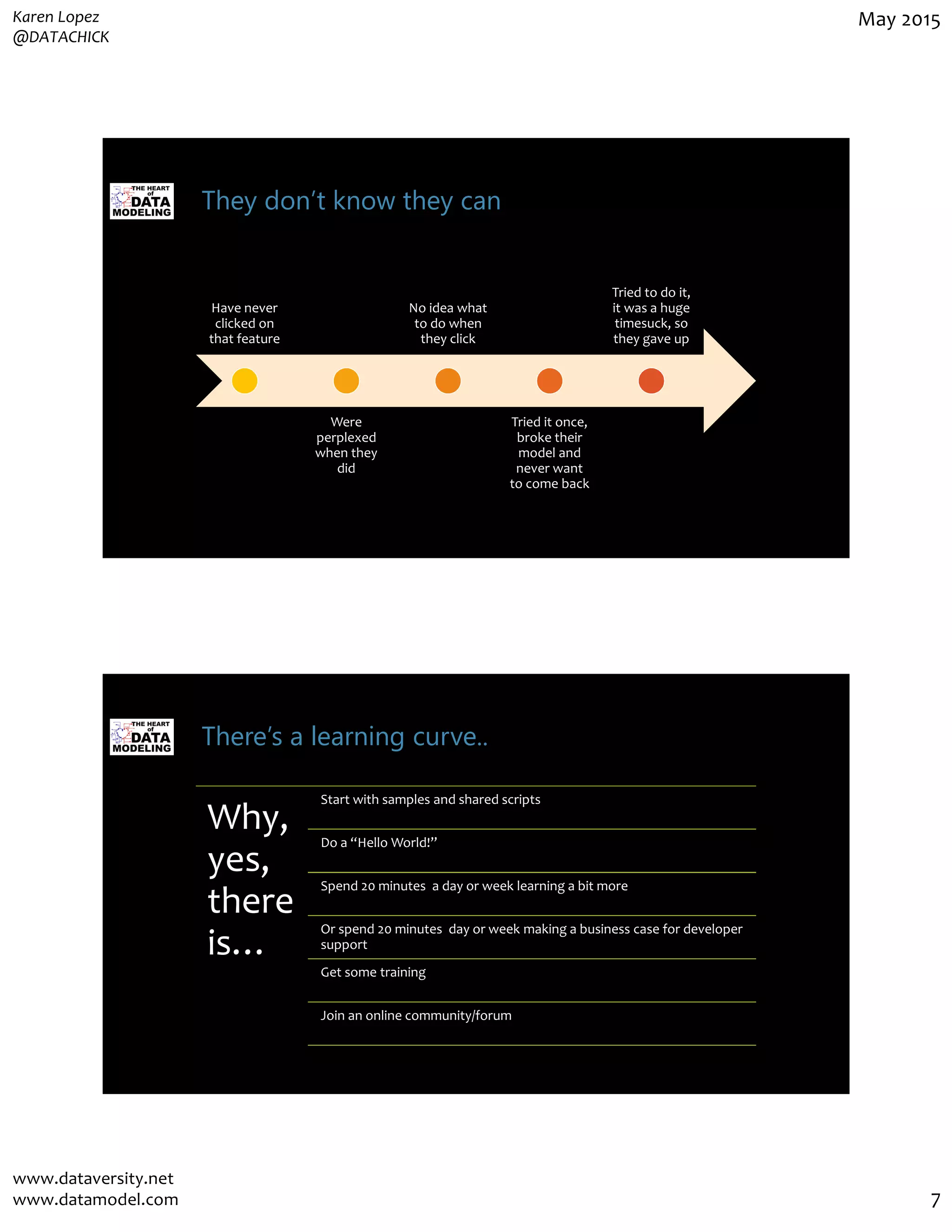 Karen Lopez
@DATACHICK
May 2015
www.dataversity.net
www.datamodel.com 7
They don’t know they can
Have never
clicked on
that feature
Were
perplexed
when they
did
No idea what
to do when
they click
Tried it once,
broke their
model and
never want
to come back
Tried to do it,
it was a huge
timesuck, so
they gave up
There’s a learning curve..
Why,
yes,
there
is…
Start with samples and shared scripts
Do a “Hello World!”
Spend 20 minutes a day or week learning a bit more
Or spend 20 minutes day or week making a business case for developer
support
Get some training
Join an online community/forum
 