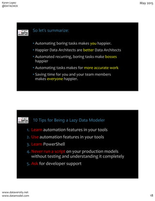 Karen Lopez
@DATACHICK
May 2015
www.dataversity.net
www.datamodel.com 18
So let’s summarize:
• Automating boring tasks mak...