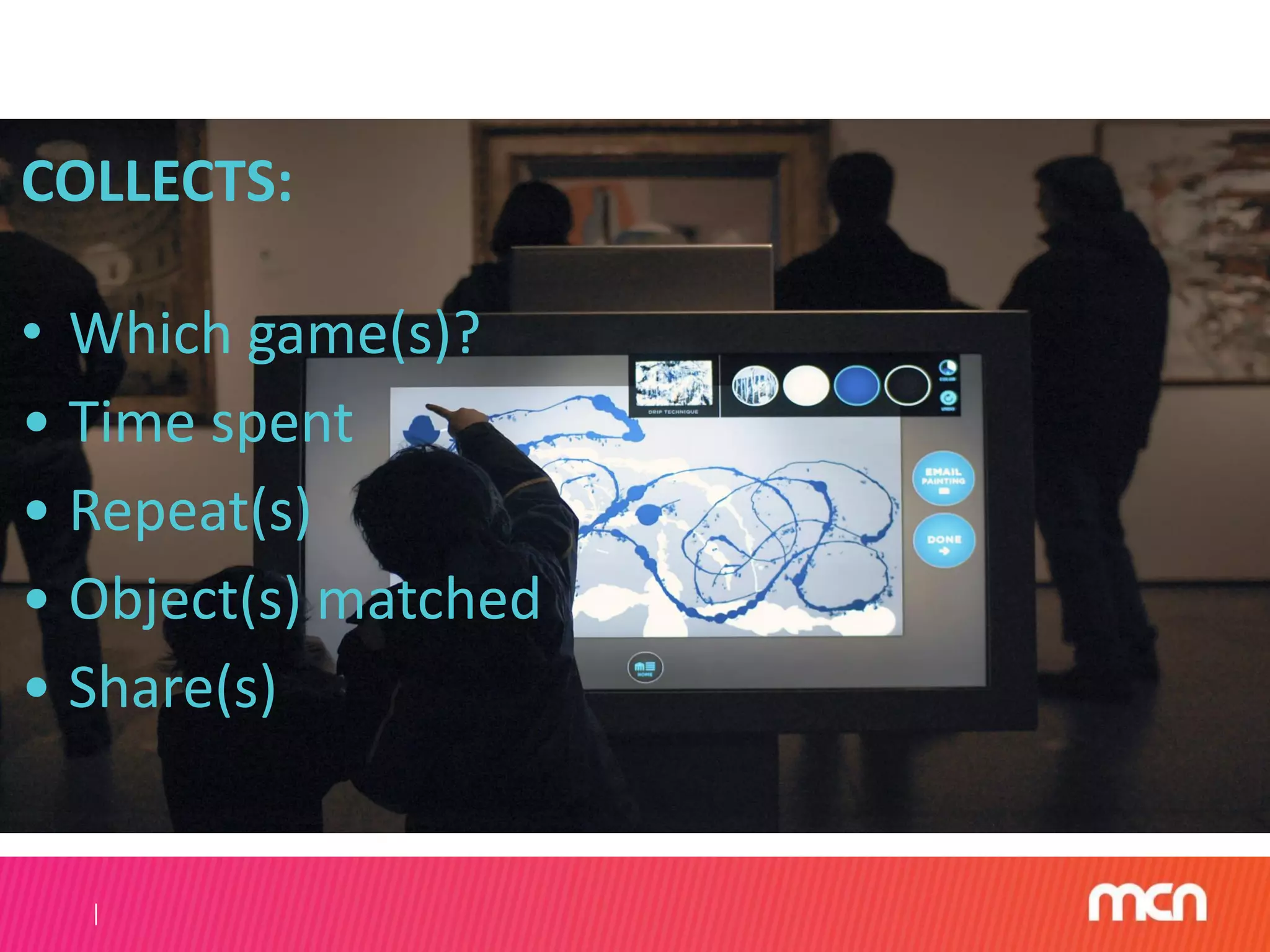 COLLECTS:
• Which game(s)?
• Time spent
• Repeat(s)
• Object(s) matched
• Share(s)
 