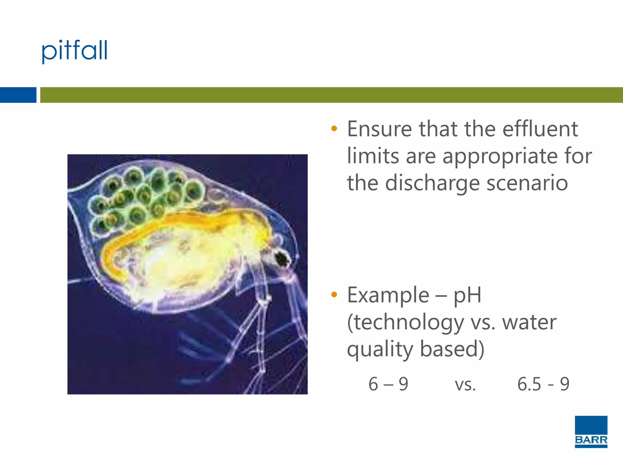 • Ensure that the effluent
limits are appropriate for
the discharge scenario
• Example – pH
(technology vs. water
quality based)
6 – 9 vs. 6.5 - 9
pitfall
 