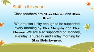 Staff in this year…
Class teachers are Miss Horne and Miss
Bird.
We are also lucky enough to be supported
every morning by Mrs Murphy and Mrs
Howes. We are also supported on Monday,
Tuesday, Thursday and Friday morning by
Mrs Drinkwater.
 