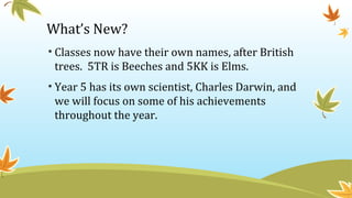 What’s New?
• Classes now have their own names, after British
trees. 5TR is Beeches and 5KK is Elms.
• Year 5 has its own scientist, Charles Darwin, and
we will focus on some of his achievements
throughout the year.
 