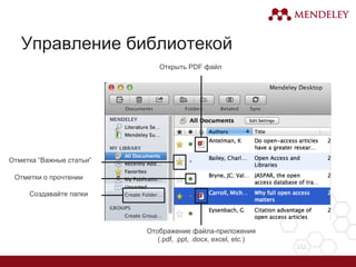 Управление библиотекой
Создавайте папки
Отображение файла-приложения
(.pdf, .ppt, .docx, excel, etc.)
Открыть PDF файл
Отметка “Важные статьи”
Отметки о прочтении
 