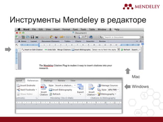 Инструменты Mendeley в редакторе
 