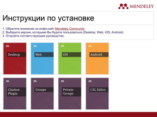 Инструкции по установке
1. Обратите внимание на инфо-сайт Mendeley Community
2. Выберите версии, которыми Вы будете пользоваться (Desktop, Web, iOS, Android).
3. Откройте соответствующее руководство.
 