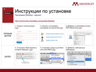 Инструкции по установке
Программа (Desktop - версия)
http://community.mendeley.com/guides/desktop
ПЕРВЫМ
ДЕЛОМ
1. Создать личный аккаунт
(где)
2. Скачать и установить
программу на компьютер (как)
3. Добавить в программу личную
PDF библиотеку (как)
ДАЛЕЕ
4. Установить Web-importer в
интернет-браузер (как)
5. Установить plug-in для Word
или Libre Office (как)
6. Добавить собственные
публикации
 