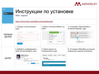 Инструкции по установке
Web - версия
http://community.mendeley.com/guides/web
ПЕРВЫМ
ДЕЛОМ
1. Создать личный аккаунт
(где)
2. Войти в личный кабинет на
сайте
3. Установить Web-importer в
интернет-браузер (как)
ДАЛЕЕ
4. Добавить информацию в
свой личный профиль (как)
5. Найти группы по
специальности (где)
6. Установить Mendeley на личный
компьютер и другие устройства
 