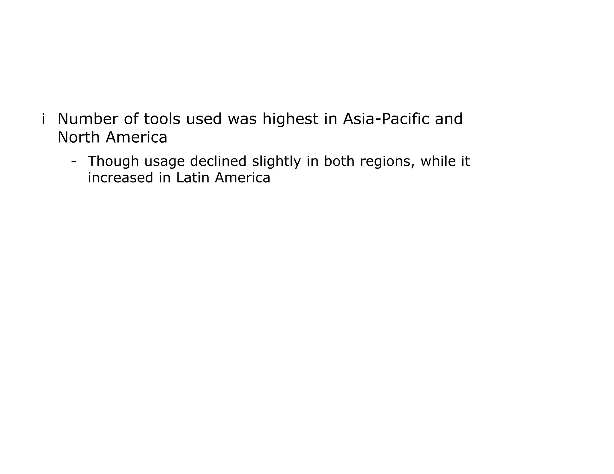 iNumber of tools used was highest in Asia-Pacific and
North America
- Though usage declined slightly in both regions, while it
increased in Latin America
 