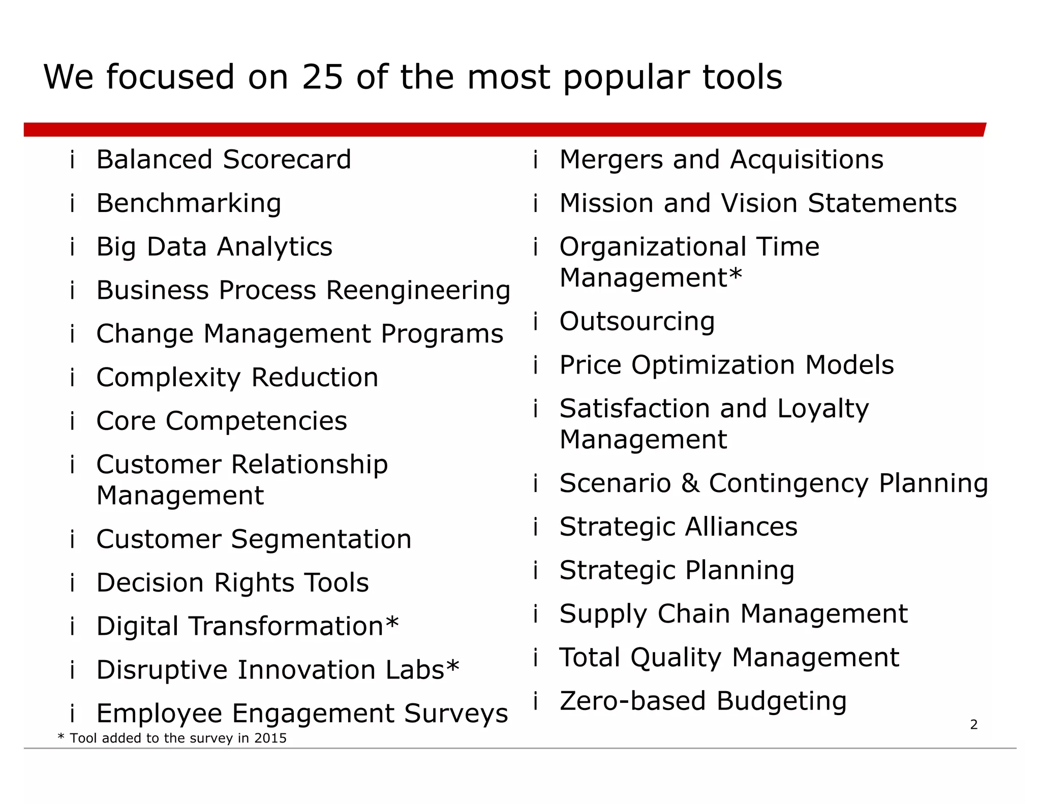 We focused on 25 of the most popular tools
iBalanced Scorecard
iBenchmarking
iBig Data Analytics
iBusiness Process Reengineering
iChange Management Programs
iComplexity Reduction
iCore Competencies
iCustomer Relationship
Management
iCustomer Segmentation
iDecision Rights Tools
iDigital Transformation*
iDisruptive Innovation Labs*
iEmployee Engagement Surveys
iMergers and Acquisitions
iMission and Vision Statements
iOrganizational Time
Management*
iOutsourcing
iPrice Optimization Models
iSatisfaction and Loyalty
Management
iScenario & Contingency Planning
iStrategic Alliances
iStrategic Planning
iSupply Chain Management
iTotal Quality Management
iZero-based Budgeting
* Tool added to the survey in 2015
2
 