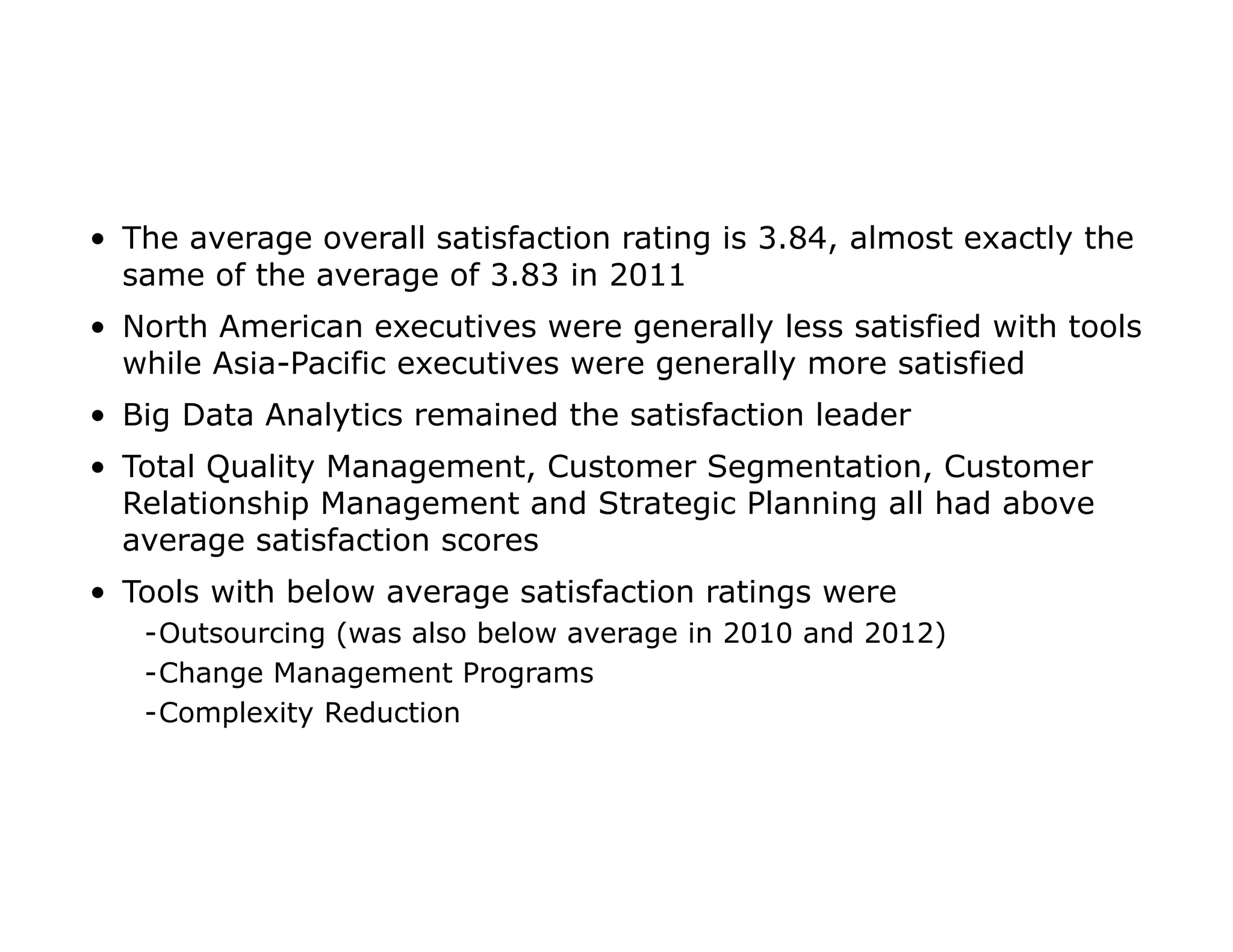 • The average overall satisfaction rating is 3.84, almost exactly the
same of the average of 3.83 in 2011
• North American executives were generally less satisfied with tools
while Asia-Pacific executives were generally more satisfied
• Big Data Analytics remained the satisfaction leader
• Total Quality Management, Customer Segmentation, Customer
Relationship Management and Strategic Planning all had above
average satisfaction scores
• Tools with below average satisfaction ratings were
-Outsourcing (was also below average in 2010 and 2012)
-Change Management Programs
-Complexity Reduction
 