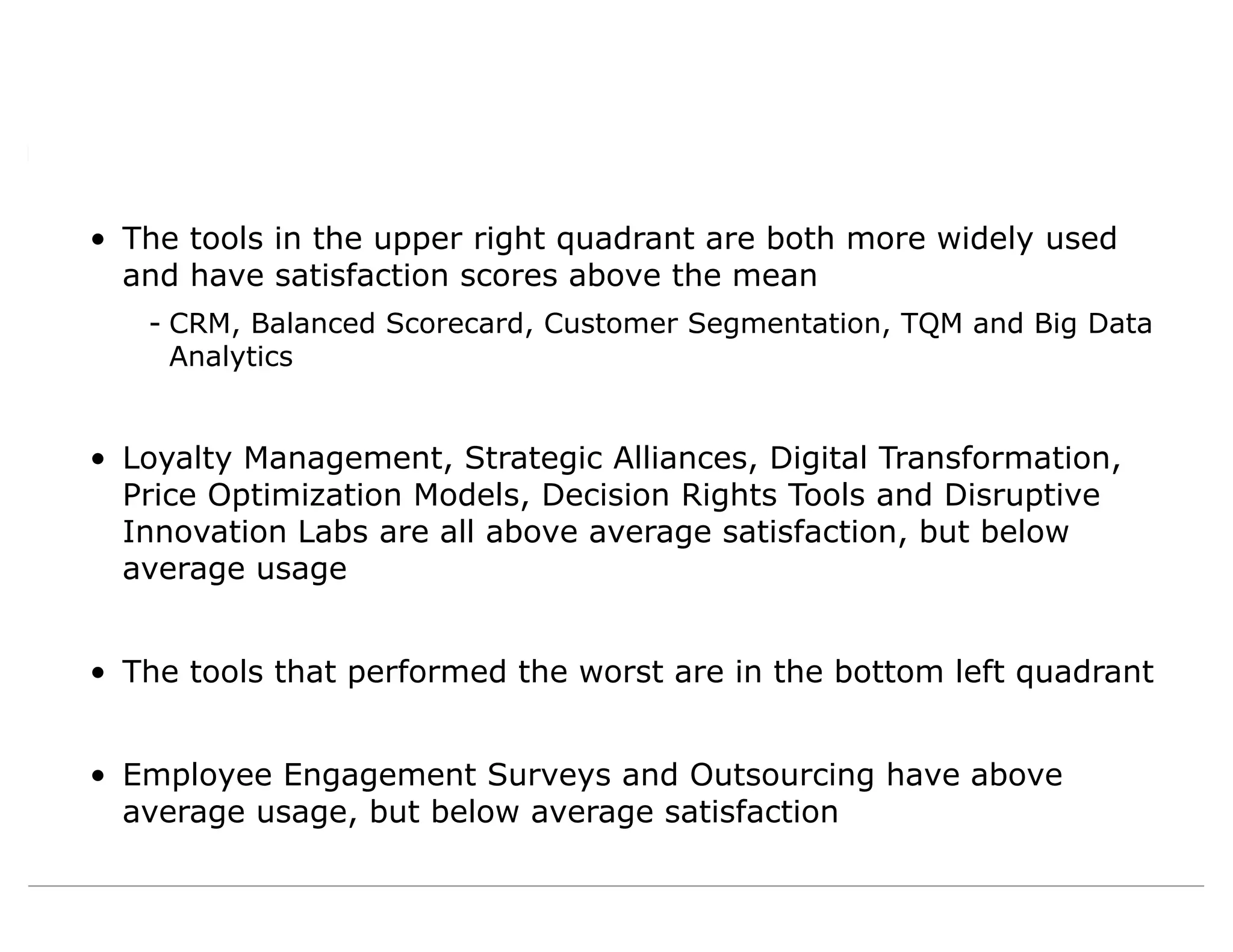 • The tools in the upper right quadrant are both more widely used
and have satisfaction scores above the mean
- CRM, Balanced Scorecard, Customer Segmentation, TQM and Big Data
Analytics
• Loyalty Management, Strategic Alliances, Digital Transformation,
Price Optimization Models, Decision Rights Tools and Disruptive
Innovation Labs are all above average satisfaction, but below
average usage
• The tools that performed the worst are in the bottom left quadrant
• Employee Engagement Surveys and Outsourcing have above
average usage, but below average satisfaction
 