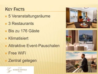 KEY FACTS
• 5 Veranstaltungsräume
• 3 Restaurants
• Bis zu 176 Gäste
• Klimatisiert
• Attraktive Event-Pauschalen
• Free WiFi
• Zentral gelegen
 