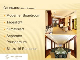 CLUBRAUM (HOTEL STEFANIE)
• Moderner Boardroom
• Tageslicht
• Klimatisiert
• Separater Pausenraum
• Bis zu 16 Personen
• 54 m2
 