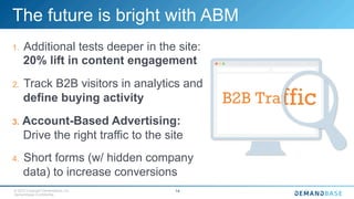 © 2015 Copyright Demandbase, Inc.
Demandbase Confidential.
14
The future is bright with ABM
1.  Additional tests deeper in the site:
20% lift in content engagement
2.  Track B2B visitors in analytics and
define buying activity
3.  Account-Based Advertising:
Drive the right traffic to the site
4.  Short forms (w/ hidden company
data) to increase conversions
 