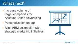 © 2015 Copyright Demandbase, Inc.
Demandbase Confidential.
20
What’s next?
§  Increase volume of
target companies for
Account-Based Advertising
§  Personalization on tap
§  Align ABM action plan with
strategic marketing initiatives
 