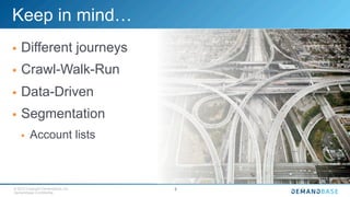 © 2015 Copyright Demandbase, Inc.
Demandbase Confidential.
3
Keep in mind…
§  Different journeys
§  Crawl-Walk-Run
§  Data-Driven
§  Segmentation
§  Account lists
 