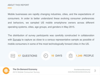 3
The On-Demand Economy
2015 Mobile Consumer Survey
@ondemandeconomy
www.theondemandeconomy.org
17 QUESTIONS 1,348 PEOPLE1...