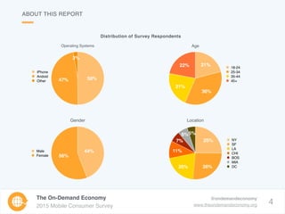 4
The On-Demand Economy
2015 Mobile Consumer Survey
@ondemandeconomy
www.theondemandeconomy.org
ABOUT THIS REPORT
Distribu...
