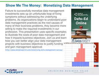 Copyright 2013 by Data Blueprint
Show Me The Money: Monetizing Data Management
Failure to successfully monetize data management
investments sets up an unfortunate loop of fixing
symptoms without addressing the underlying
problems. As organizations begin to understand poor
data management practices as the root causes of
many of their business problems, they become more
willing to make the required investments in our
profession. This presentation uses specific examples
to illustrate the costs of poor data management and
how it impacts business objectives. Join us and learn
how you can better align your data management
projects with business objectives to justify funding
and gain management approval.
http://www.datablueprint.com/monetizing-data-management-survey/ 
1
PETER AIKEN WITH JUANITA BILLINGS
FOREWORD BY JOHN BOTTEGA
MONETIZING
DATA MANAGEMENT
Unlocking the Value in Your Organization’s
Most Important Asset.
Basic Data Management Practices
– Data Program Management
– Organizational Data Integration
– Data Stewardship
– Data Development
– Data Support Operations
Advanced
Data
Practices
• MDM
• Mining
• Big Data
• Analytics
• Warehousing
• SOA
Data
Data
Data
Information
Fact Meaning
Request
[Built on definitions from Dan Appleton 1983]
Intelligence
Strategic Use
Wisdom & knowledge are
often used synonymously
Data
Data
Data Data
18
Organizational
Data
Organizational
Data Managers
Technologies
Process
People
Less Data ROT ->
Common Organizational Data
(and corresponding data needs requirements)
New Organizational
Capabilities
Systems
Development
Activities
Create
Evolve
Future State
(Version +1)
Data evolution is separate from,
external to, and precedes system
development life cycle activities!
Data/
Information
Network/
Infrastructure
Systems/
Applications
Goals/
Objectives
Strategy
Payroll Application
(3rd GL)Payroll Data
(database)
R& D Applications
(researcher supported, no documentation)
R & D
Data
(raw) Mfg. Data
(home grown
database)
Mfg. Applications
(contractor supported)
Finance
Data
(indexed)
Finance Application
(3rd GL, batch
system, no source)
Marketing Application
(4rd GL, query facilities,
no reporting, very large)
Marketing Data
(external database)
Personnel App.
(20 years old,
un-normalized data)
Personnel Data
(database)
Systems/
Applications
Network/
Infrastructure
Data/
Information
Goals/
Objectives
Strategy
District-L (as an example) Leave Tracking Time Accounting
Employees 73 50
Number of documents 1000 2040
Timesheet/employee 13.70 40.8
Time spent 0.08 0.25
Hourly Cost $6.92 $6.92
Additive Rate $11.23 $11.23
Semi-monthly cost per
timekeeper
$12.31 $114.56
Total semi-monthly
timekeeper cost
$898.49 $5,727.89
Annual cost $21,563.83 $137,469.40
34
1. Manual transfer of digital data
2. Manual file movement/duplication
3. Manual data manipulation
4. Disparate synonym reconciliation
5. Tribal knowledge requirements
6. Non-sustainable technology
Data Mapping
12
Mental
illness
Deploy
ments
Work
History
Soldier Legal
Issues
Abuse
Suicide
Analysis
FAPDMSS G1 DMDC CID
Data objects
complete?
All sources
identified?
Best source for
each object?
How reconcile
differences
between
sources?
MDR
 