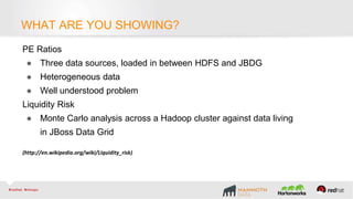 What are you showing?
PE Ratios
● Three data sources, loaded in between HDFS and JBDG
● Heterogeneous data
● Well understood problem
Liquidity Risk
● Monte Carlo analysis across a Hadoop cluster against data living
in JBoss Data Grid
(http://en.wikipedia.org/wiki/Liquidity_risk)
WHAT ARE YOU SHOWING?
 