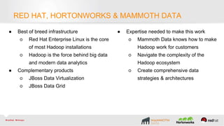 RED HAT, HORTONWORKS & MAMMOTH DATA
● Best of breed infrastructure
○ Red Hat Enterprise Linux is the core
of most Hadoop installations
○ Hadoop is the force behind big data
and modern data analytics
● Complementary products
○ JBoss Data Virtualization
○ JBoss Data Grid
● Expertise needed to make this work
○ Mammoth Data knows how to make
Hadoop work for customers
○ Navigate the complexity of the
Hadoop ecosystem
○ Create comprehensive data
strategies & architectures
 