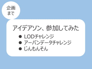企画
まで
アイデアソン、参加してみた
 LODチャレンジ
 アーバンデータチャレンジ
 じんもんそん
 
