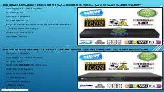 2015 CURVED SAMSUNG BD-J5900 2D/3D, WI-FI, ALL REGION CODE FREE BLU-RAY DISC PLAYER MULTI ZONE BLU RAY
• DVD Region: 012345678 PAL/NTSC
• BD ZONE: A/B/C
• NTSC⇔PAL Conversion
• BD Discs 2D AND 3D
• PAL/NTSC Converter – Works on all TVs with HDMI connection
• 100~240V World Wide Voltage
• Built-in LAN, Built-in Wi-Fi
• New Opera, Blu-ray
NEW 2015 LG BP350 WI-FI MULTI SYSTEM ALL ZONE MULTI REGION CODE FREE DVD BLU-RAY DISC PLAYER 100~240V AUTO
• NTSC⇔PAL Conversion
• DVD Region: 012345678 PAL/NTSC
• BD Zone: A/B/C
• World-Wide VOLTAGE 100~240V Auto
• SIMPLINK, USB, Playback
• Music Flow CD/USB Source
• LG AV Remote App
• External HDD Playback
• 1080p Up scaling
www.multisystem-electronics.com
 