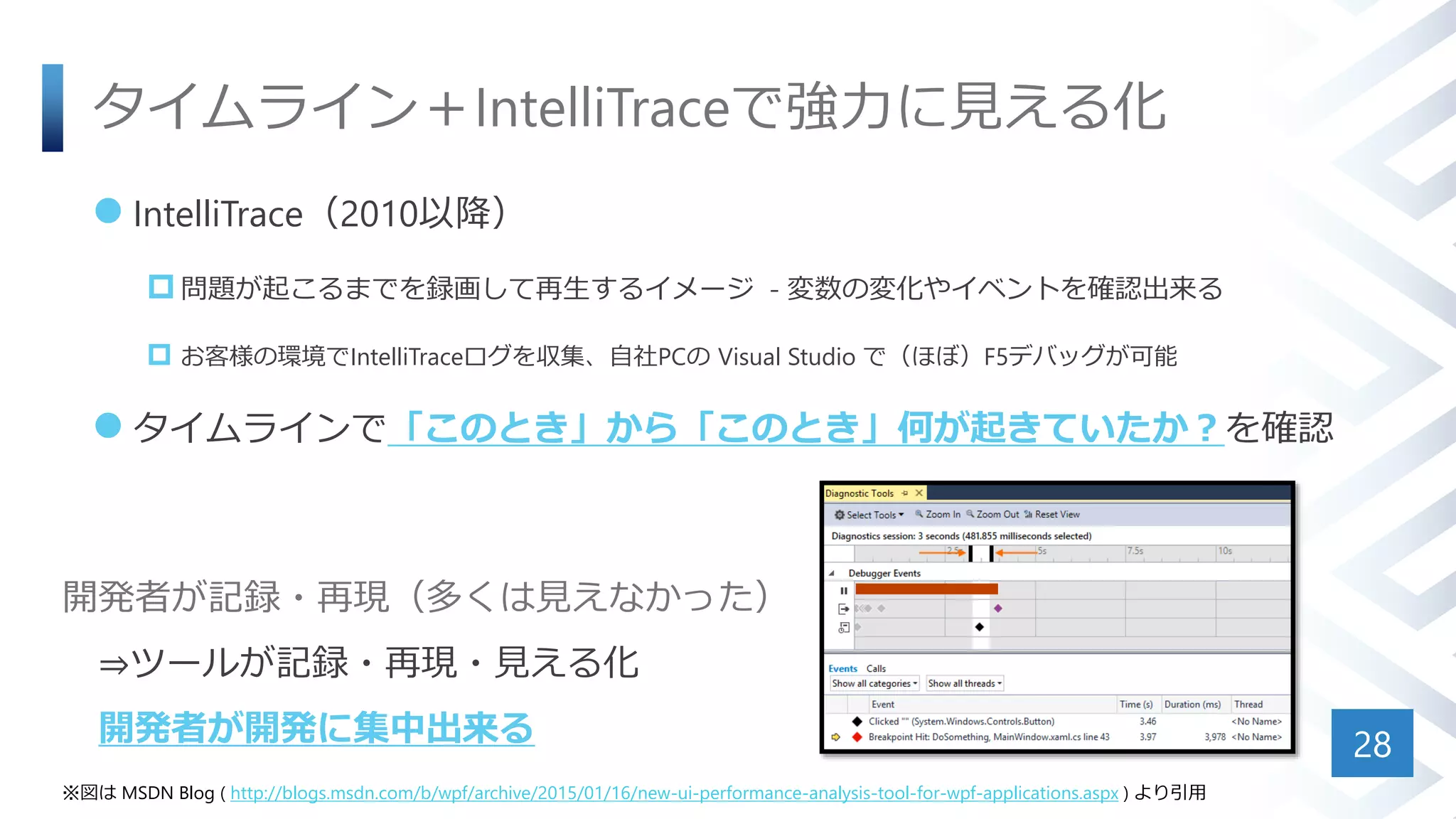 タイムライン＋IntelliTraceで強力に見える化
 IntelliTrace（2010以降）
 問題が起こるまでを録画して再生するイメージ - 変数の変化やイベントを確認出来る
 お客様の環境でIntelliTraceログを収集、自社PCの Visual Studio で（ほぼ）F5デバッグが可能
 タイムラインで「このとき」から「このとき」何が起きていたか？を確認
28
※図は MSDN Blog ( http://blogs.msdn.com/b/wpf/archive/2015/01/16/new-ui-performance-analysis-tool-for-wpf-applications.aspx ) より引用
開発者が記録・再現（多くは見えなかった）
⇒ツールが記録・再現・見える化
開発者が開発に集中出来る
 