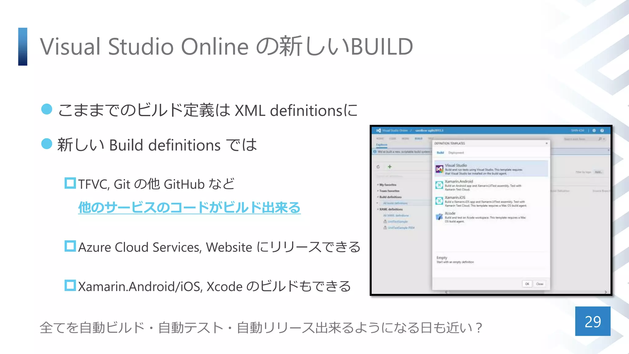 Visual Studio Online の新しいBUILD
 こままでのビルド定義は XML definitionsに
 新しい Build definitions では
TFVC, Git の他 GitHub など
他のサービスのコードがビルド出来る
Azure Cloud Services, Website にリリースできる
Xamarin.Android/iOS, Xcode のビルドもできる
29全てを自動ビルド・自動テスト・自動リリース出来るようになる日も近い？
 