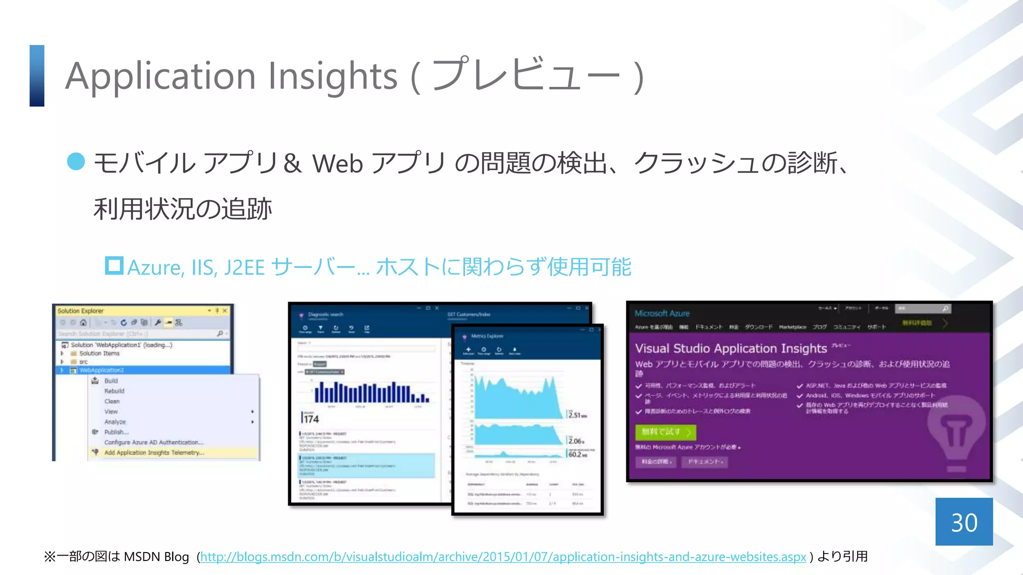 Application Insights ( プレビュー )
 モバイル アプリ＆ Web アプリ の問題の検出、クラッシュの診断、
利用状況の追跡
Azure, IIS, J2EE サーバー... ホストに関わらず使用可能
30
※一部の図は MSDN Blog (http://blogs.msdn.com/b/visualstudioalm/archive/2015/01/07/application-insights-and-azure-websites.aspx ) より引用
 