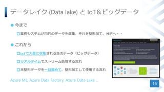 データレイク (Data lake) と IoT＆ビッグデータ
 今まで
業務システムが目的のデータを収集、それを整形加工、分析へ・・
 これから
IoTで大量に収集される生のデータ（ビッグデータ）
リアルタイムでストリーム処理する流れ
未整形データを一旦溜めて、整形加工して使用する流れ
Azure ML, Azure Data Factory, Azure Data Lake ...
16
 