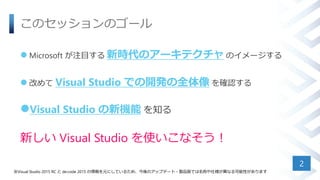 このセッションのゴール
 Microsoft が注目する 新時代のアーキテクチャ のイメージする
 改めて Visual Studio での開発の全体像 を確認する
Visual Studio の新機能 を知る
新しい Visual Studio を使いこなそう！
2
※Visual Studio 2015 RC と de:code 2015 の情報を元にしているため、今後のアップデート・製品版では名称や仕様が異なる可能性があります
 