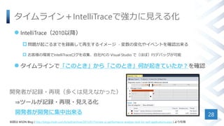 タイムライン＋IntelliTraceで強力に見える化
 IntelliTrace（2010以降）
 問題が起こるまでを録画して再生するイメージ - 変数の変化やイベントを確認出来る
 お客様の環境でIntelliTraceログを収集、自社PCの Visual Studio で（ほぼ）F5デバッグが可能
 タイムラインで「このとき」から「このとき」何が起きていたか？を確認
28
※図は MSDN Blog ( http://blogs.msdn.com/b/wpf/archive/2015/01/16/new-ui-performance-analysis-tool-for-wpf-applications.aspx ) より引用
開発者が記録・再現（多くは見えなかった）
⇒ツールが記録・再現・見える化
開発者が開発に集中出来る
 