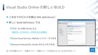 Visual Studio Online の新しいBUILD
 こままでのビルド定義は XML definitionsに
 新しい Build definitions では
TFVC, Git の他 GitHub など
他のサービスのコードがビルド出来る
Azure Cloud Services, Website にリリースできる
Xamarin.Android/iOS, Xcode のビルドもできる
29全てを自動ビルド・自動テスト・自動リリース出来るようになる日も近い？
 