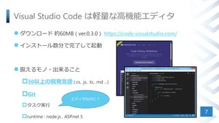 Visual Studio Code は軽量な高機能エディタ
 ダウンロード 約60MB ( ver.0.3.0 ) https://code.visualstudio.com/
 インストール数分で完了して起動
 扱えるモノ・出来ること
30以上の開発言語 (.cs, .js, .ts, .md ...)
Git
タスク実行
runtime : node.js , ASP.net 5
7
エディタなのに？
 