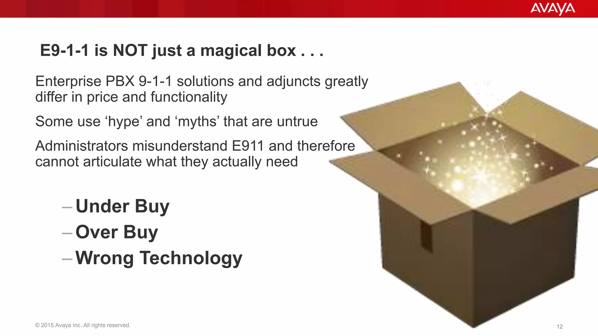 © 2015 Avaya Inc. All rights reserved. 1212
E9-1-1 is NOT just a magical box . . .
Enterprise PBX 9-1-1 solutions and adjuncts greatly
differ in price and functionality
Some use ‘hype’ and ‘myths’ that are untrue
Administrators misunderstand E911 and therefore
cannot articulate what they actually need
– Under Buy
– Over Buy
– Wrong Technology
 