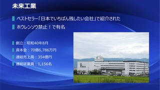 未来工業
▌ベストセラー「日本でいちばん残したい会社」で紹介された
▌ホウレンソウ禁止！で有名
▌創立：昭和40年8月
▌資本金：70億6,786万円
▌連結売上高：354億円
▌連結従業員：1,156名
 