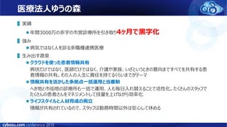 医療法人ゆうの森
▌実績
 年間3000万の赤字の市営診療所を引き取り4ヶ月で黒字化
▌強み
 病気ではなく人を診る多職種連携医療
▌生み出す源泉
 クラウドを使った患者情報共有
病状だけではなく、医師だけではなく、介護や家族、いざというときの意向まですべてを共有する患
者情報の共有。その人の人生に責任を持てるくらいまでがテーマ
 情報共有を活かした多拠点一括運用と当番制
へき地と市街地の診療所も一括で運用、人も毎日入れ替えることで活性化。たくさんのスタッフで
たくさんの患者さんをマネジメントして技量を上げながら効率化
 ライフスタイルと人材育成の両立
情報が共有されているので、スタッフは勤務時間以外は安心して休める
 
