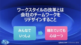 ワークスタイルの改革とは
会社のチームワークを
リデザインすること
みんなで
いっしょ
離れていても
心は一つ
 