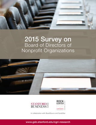2015 Survey on
Board of Directors of
Nonprofit Organizations
www.gsb.stanford.edu/cgri-research
In collaboration with BoardSource and GuideStar
 