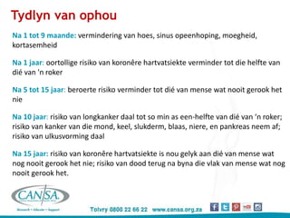 Tydlyn van ophou
Na 1 tot 9 maande: vermindering van hoes, sinus opeenhoping, moegheid,
kortasemheid
Na 1 jaar: oortollige risiko van koronêre hartvatsiekte verminder tot die helfte van
dié van 'n roker
Na 5 tot 15 jaar: beroerte risiko verminder tot dié van mense wat nooit gerook het
nie
Na 10 jaar: risiko van longkanker daal tot so min as een-helfte van dié van ‘n roker;
risiko van kanker van die mond, keel, slukderm, blaas, niere, en pankreas neem af;
risiko van ulkusvorming daal
Na 15 jaar: risiko van koronêre hartvatsiekte is nou gelyk aan dié van mense wat
nog nooit gerook het nie; risiko van dood terug na byna die vlak van mense wat nog
nooit gerook het.
 