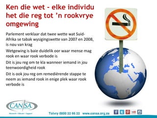 Ken die wet - elke individu
het die reg tot ’n rookvrye
omgewing
Parlement verklaar dat twee wette wat Suid-
Afrika se tabak wysigingswette van 2007 en 2008,
is nou van krag
Wetgewing is baie duidelik oor waar mense mag
rook en waar rook verbode is
Dit is jou reg om te kla wanneer iemand in jou
teenwoordigheid rook
Dit is ook jou reg om remediërende stappe te
neem as iemand rook in enige plek waar rook
verbode is
 