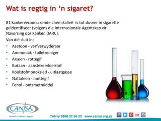 Wat is regtig in ‘n sigaret?
81 kankerveroorsakende chemikalieë is tot dusver in sigarette
geïdentifiseer (volgens die Internasionale Agentskap vir
Navorsing oor Kanker, (IARC).
Van dié sluit in:
• Asetoon - verfverwyderaar
• Ammoniak - toiletreiniger
• Arseen - rottegif
• Butaan - aanstekervloeistof
• Koolstofmonoksied - uitlaatgasse
• Naftaleen - mottegif
• Fenol - ontsmetmiddel
 