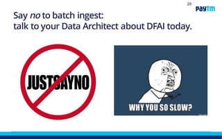 Event Sourcing & Stream Processing
• Read this: http://www.confluent.io/blog/making-sense-of-
stream-processing/
• Basic concept: treat the stream as an immutable set of
events and then aggregate views specific to use cases
• We will use Fabrica to stream and aggregate data in
realtime eventually
• For batch work, we post-process the create / update
events to yield an aggregate state view. In other words,
the last state
20
 