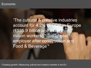 *Creating growth | Measuring cultural and creative markets in the EU
‘The cultural & creative industries
account for 4.2% of GDP in Europe
(€535.9 billion and more than 7
million workers).* 3rd largest
employer after construction and
Food & Beverage’*
Economic
 