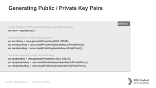 Twitter: @jcleblanc | Hashtag: #dfist
Generating Public / Private Key Pairs
ENTER FILENAME/LANG
//node module for RSA public/private key OpenSSL bindings
var ursa = require('ursa');
//generate sender private and public keys
var senderkey = ursa.generatePrivateKey(1024, 65537);
var senderprivkey = ursa.createPrivateKey(senderkey.toPrivatePem());
var senderpubkey = ursa.createPublicKey(senderkey.toPublicPem());
//generate recipient private and public keys
var recipientkey = ursa.generatePrivateKey(1024, 65537);
var recipientprivkey = ursa.createPrivateKey(recipientkey.toPrivatePem());
var recipientpubkey = ursa.createPublicKey(recipientkey.toPublicPem());
server.js
 