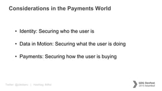 Twitter: @jcleblanc | Hashtag: #dfist
Considerations in the Payments World
• Identity: Securing who the user is
• Data in Motion: Securing what the user is doing
• Payments: Securing how the user is buying
 